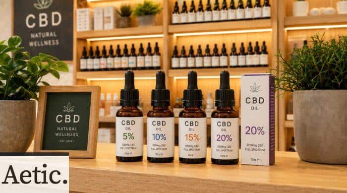 Estantería de aceites de CBD en una tienda física especializada
