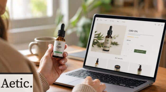 Persona comprando aceite de CBD online desde casa con un portátil