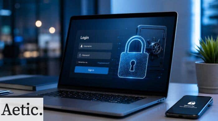 Portátil con un gestor de contraseñas y un icono de candado de seguridad