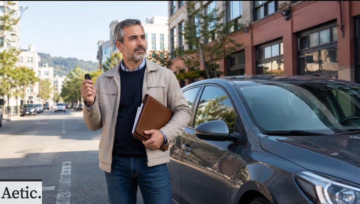 Persona junto a su coche valorando cómo conseguir dinero sin dejar de conducir