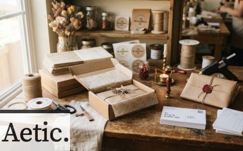 Packaging de marca preparado con cajas, etiquetas y lacre