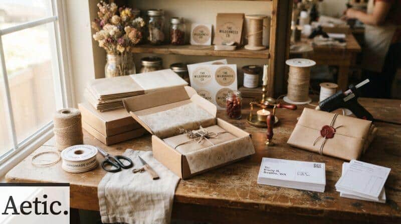 Packaging de marca preparado con cajas, etiquetas y lacre