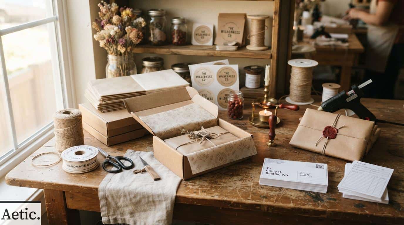 Packaging de marca preparado con cajas, etiquetas y lacre