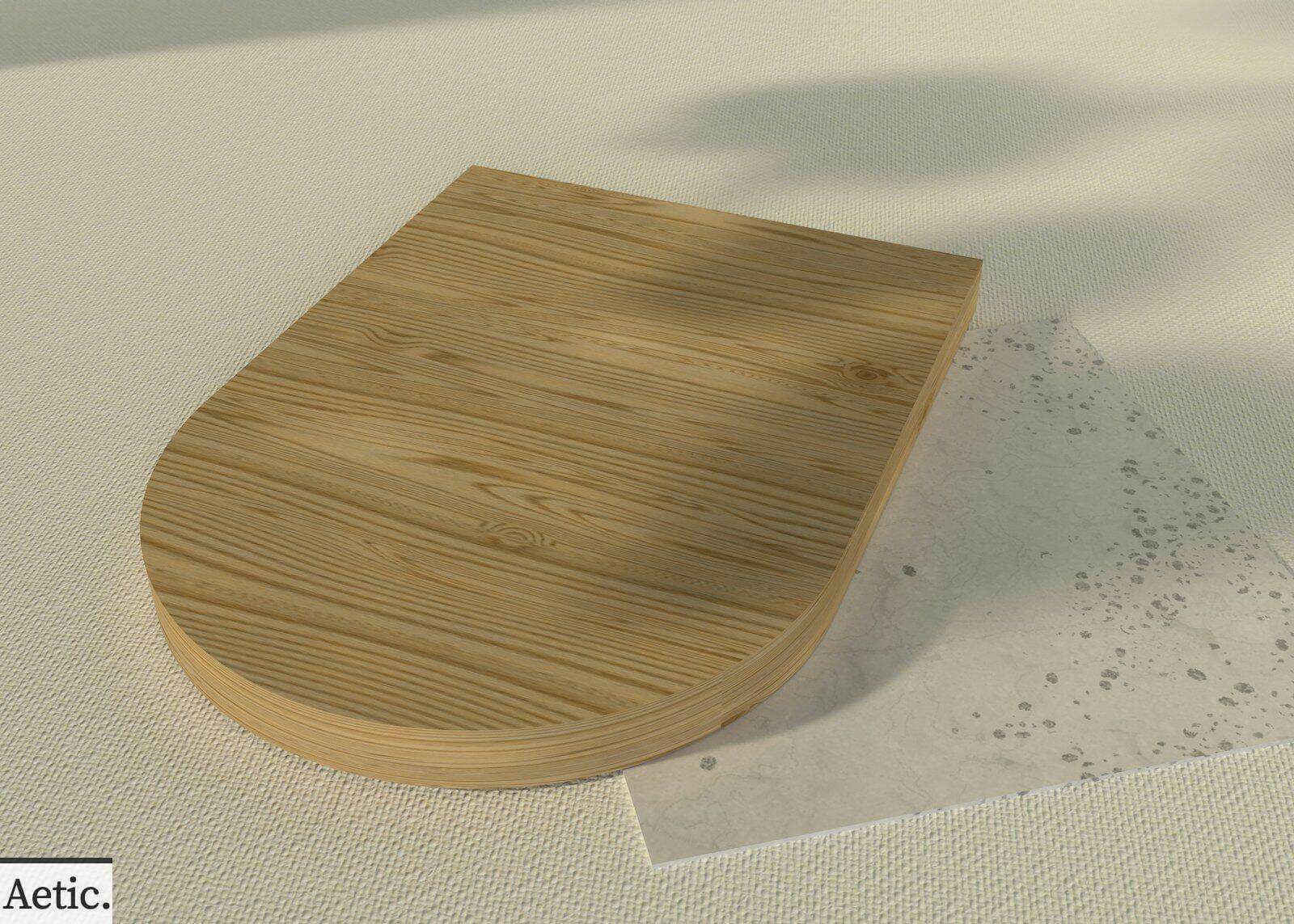 a wooden toilet seat on a white surface