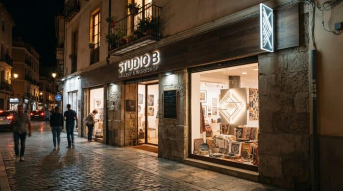 Señalización luminosa y elementos visuales en la fachada de un negocio